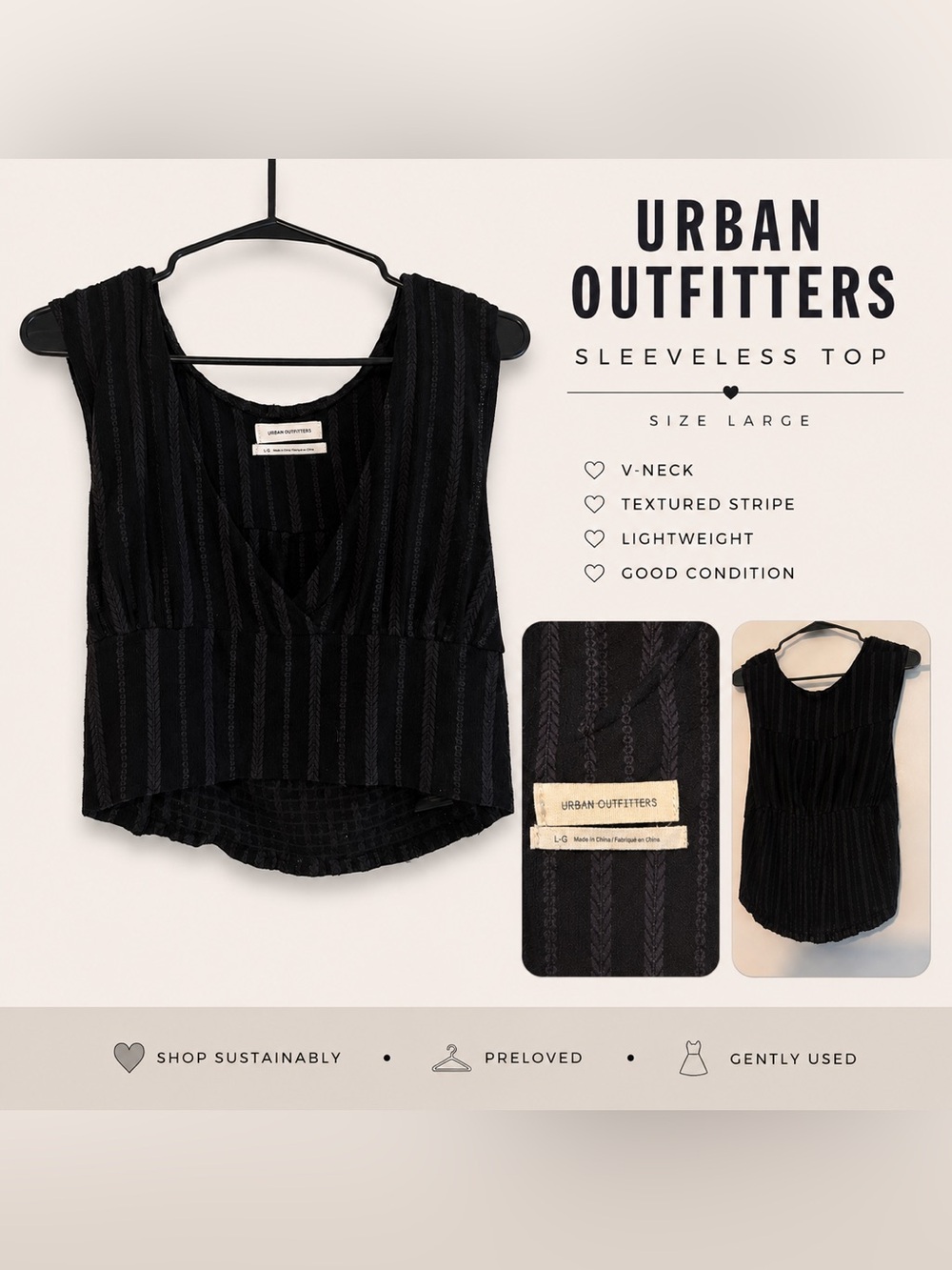 Urban Outfitters Black Textured Stripe V-Neck Sleeveless Top